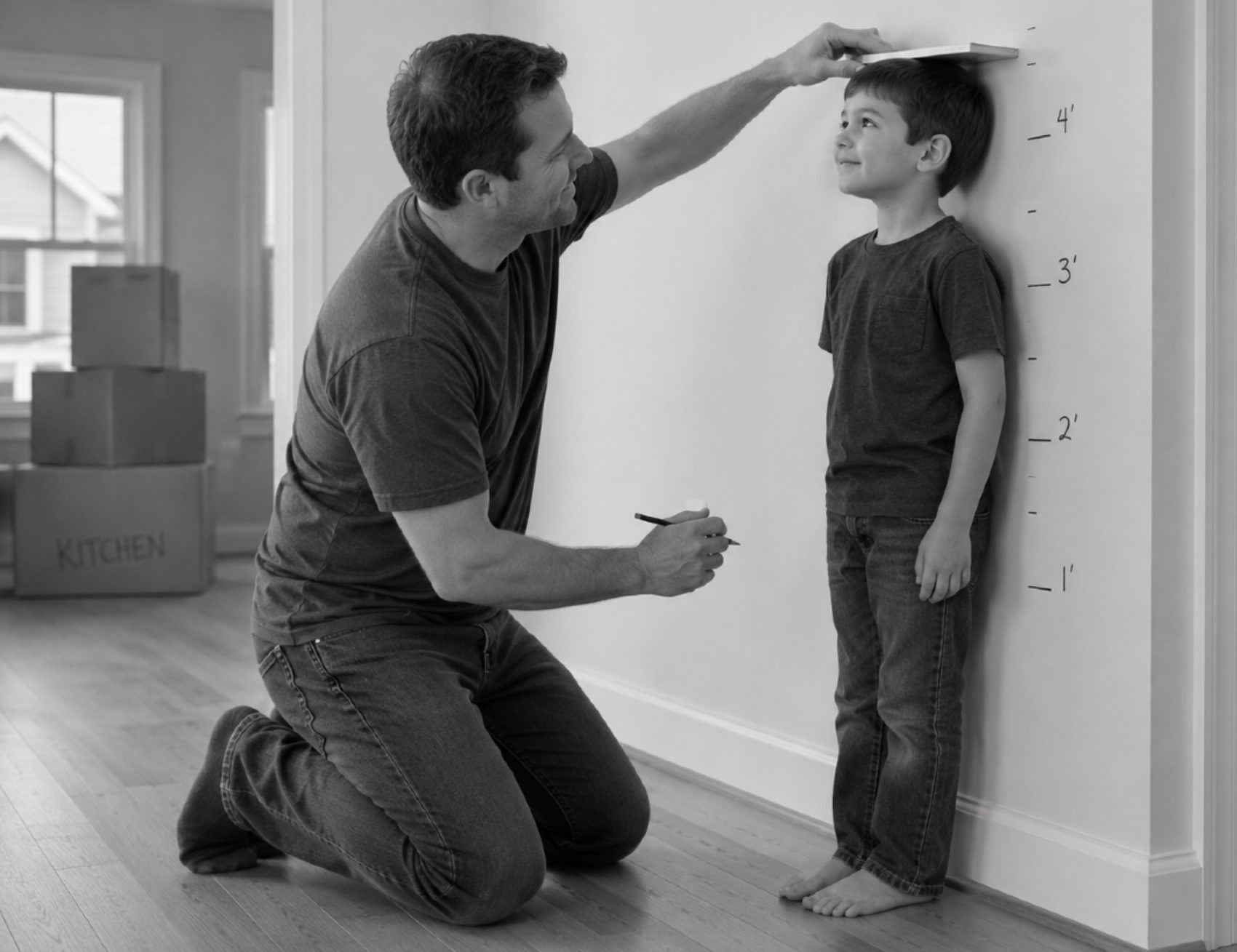 A black-and-white photograph of a father kneeling to pencil a height mark for his young son against the wall of their new home, packing boxes still stacked behind them.