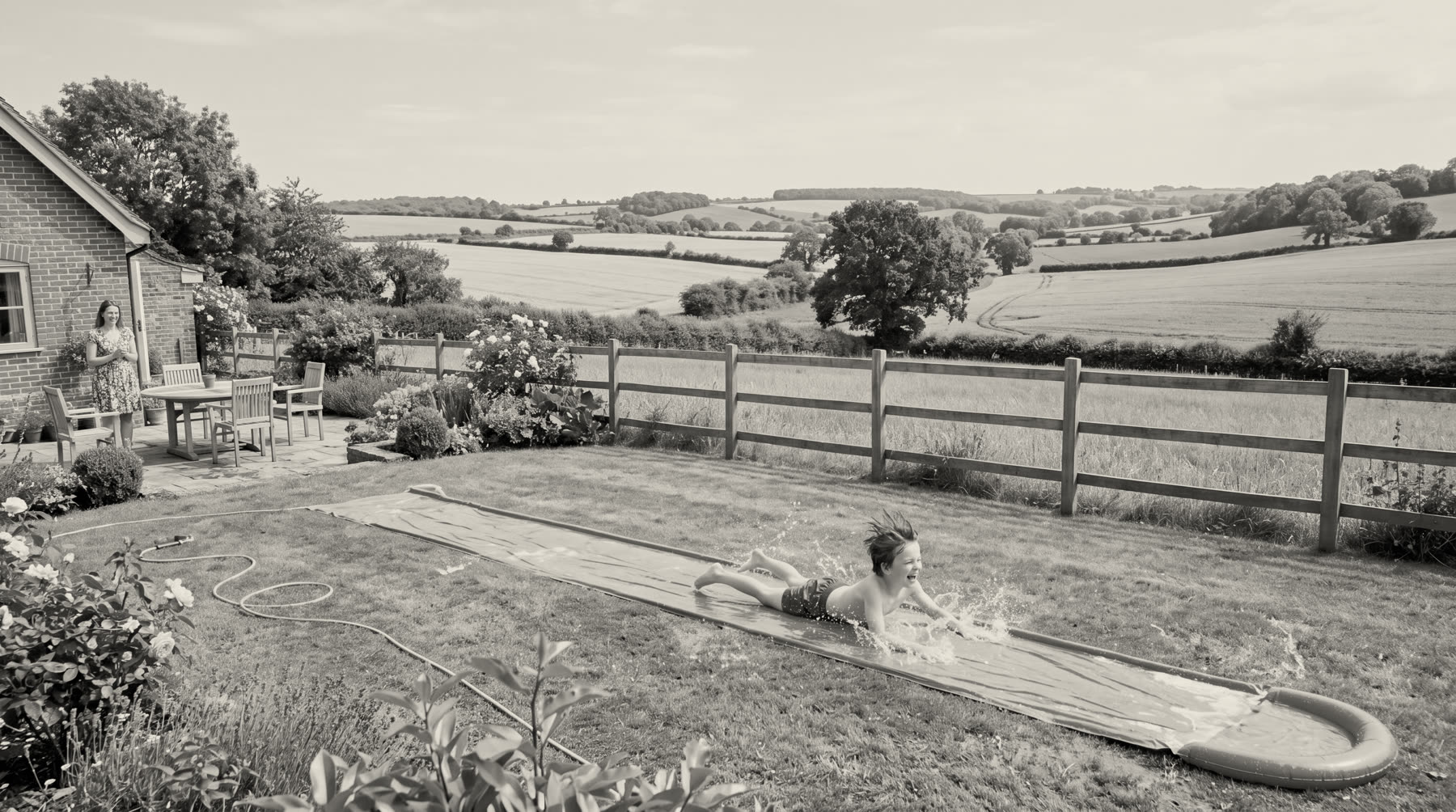 A black-and-white photograph of a boy sliding down a water slide on a back lawn, his mother watching from the doorway, with a post-and-rail fence running the width of the garden and fields beyond.